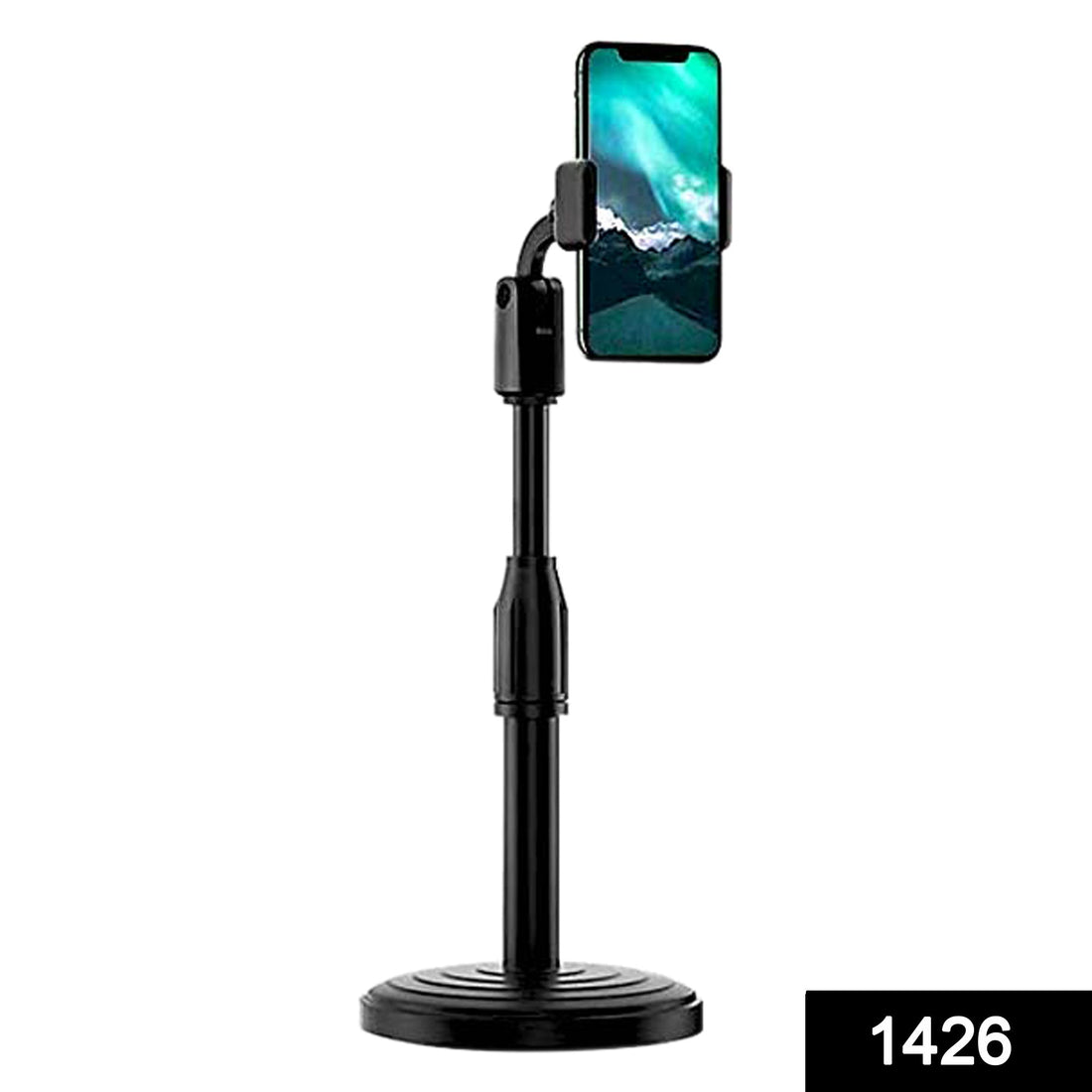 Height adjustable mobile stand for table, perfect for hands-free phone use on desktops.