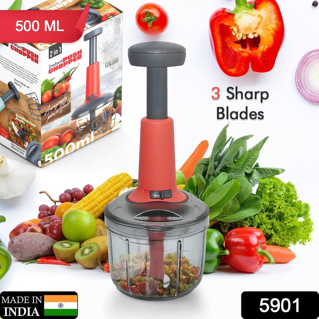 Matte finish hand press chopper, compact size, 3 blades