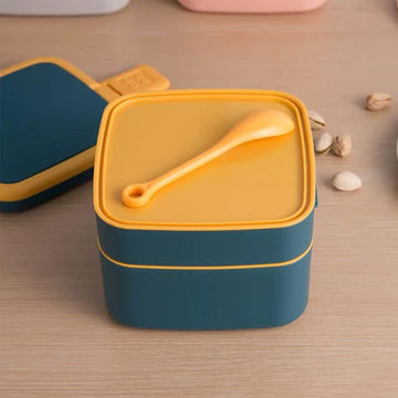 Blue double-layer lunch box with handle and spoon