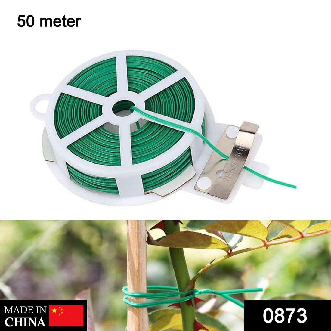 Plastic twist tie wire spool with cutter for garden use.