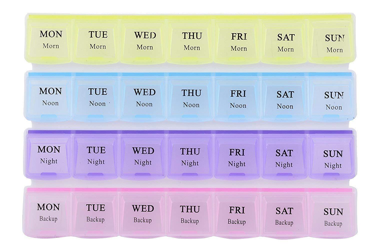 Weekly medicine storage container with 4 rows and easy-to-open compartments.