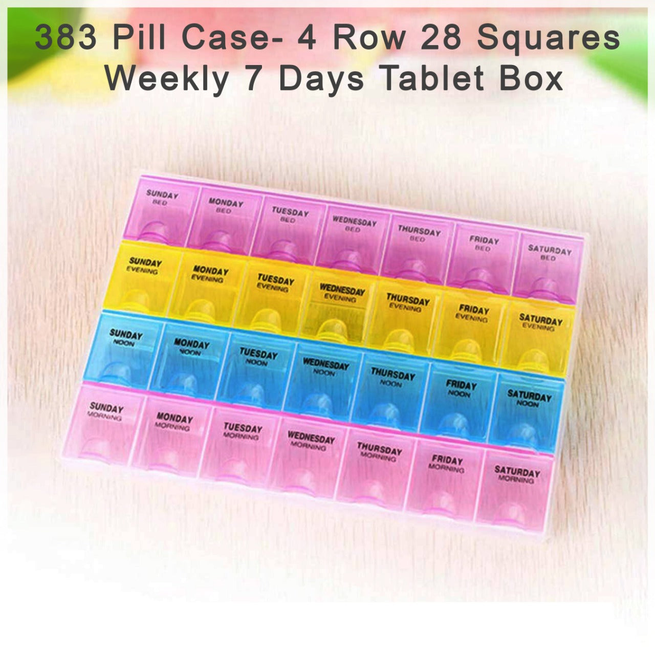 Medicine box with 28 squares, ideal for organizing tablets for the week.